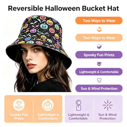 Summer Reversible Bucket Hat - Packable Cute Pineapple Sun Hat for Beach, Golf, Fishing, Travel, Outdoor for Women Men - color: Halloween