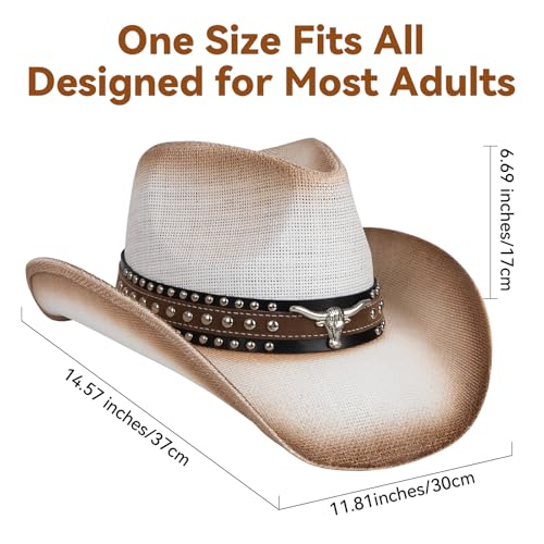 WQWOVRVO Cowboy Hat,Cowgirl Hat,Western Cowboy Hats for Women/Mens/Straw Wide with Shapeable Brim Cowboy Hat for Womens - color: White & Coffee Color