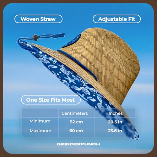 grinderPUNCH Straw Sun Hat for Men Women Wide Brim Beach Fishing UPF 50 - color: Blue Nautical