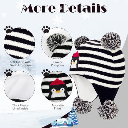 Baby Winter Hat Toddler Beanie Warm Fleece Lined Earflap Cap with Pom Pom - color: O1pc Stripe Penguin, size: 0-12 Months