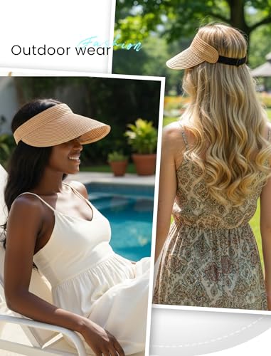 CHUNG Women Visor Sun Hat Paper Straw Wide Brim Adjutable Ponytail Packable Beach Holiday Summer Travel - color: V-khaki
