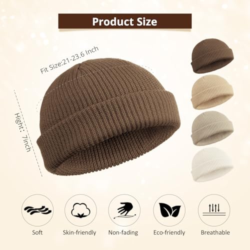 SATINIOR 4 Pieces Trawler Beanie Watch Hat Roll up Edge Skullcap Fisherman Beanie Unisex - color: Khaki, Apricot, Beige, White, size: One Size