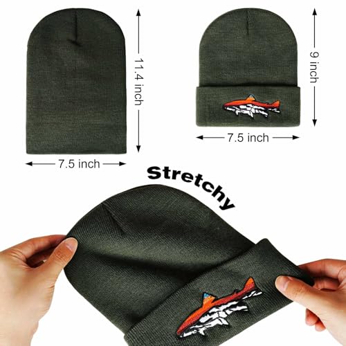 Knit Winter Beanie Hats for Men Women Cuffed Skull Cap with Mountain Embroidery Outdoor Christmas & New Year Gifts - color: Fish/Forest