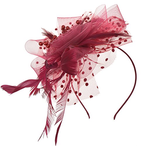 AQOKKA Women Fascinators Hats Flower Fascinators with Headband and Clip Tea Party Headwear for Women and Girls - color: Burgundy a