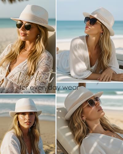 Straw Sun Hat for Men Women Short Brim Beach Trilby Hat UPF 50+ - color: White