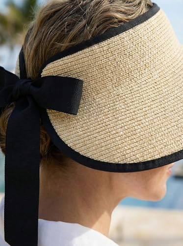 Sun Visor Hat for Women Wide Brim Ponytail Straw Hat UV UPF Summer Beach Vacation Packable Foldable Travel - color: Beige