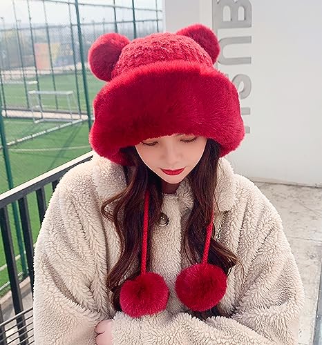 Winter Pompom Beanie Hats Women Knit Womens Beanie Faux Fur Crochet Skull Cap Warm Bucket Outdoor Ear Cover - color: Winered