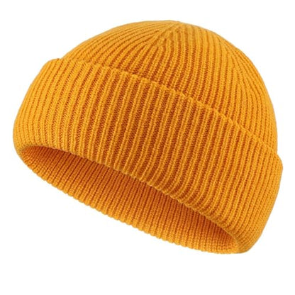 Connectyle Short Fisherman Beanie for Men Women Warm Winter Hats Knit Cuffed Beanies Skull Cap Acrylic Watch Hat - color: Golden Yellow
