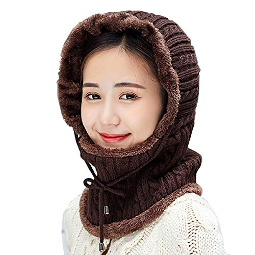 HUAMULAN Women Winter Knit Balaclava Fleece Lined Hooded Beanie Hats - color: Coffee, size: Medium