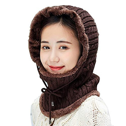 HUAMULAN Women Winter Knit Balaclava Fleece Lined Hooded Beanie Hats - color: Coffee, size: Medium