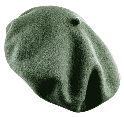 Women's French Beret Hat Solid Color Plain Wool Classic Traditional Artist Cap - color: Olive Green
