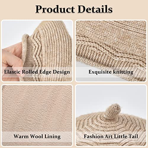 FENELY Beret Hat for Women, French Style Beanie Winter Fashion Warm Thickened Lining Knit Cap - color: Beige