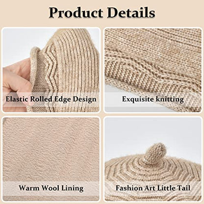 FENELY Beret Hat for Women, French Style Beanie Winter Fashion Warm Thickened Lining Knit Cap - color: Beige