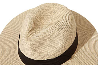 Lanzom Women Wide Brim Straw Panama Roll up Hat Fedora Beach Sun Hat UPF50+ - color: 01-fold Belt Khaki, size: One Size-Medium