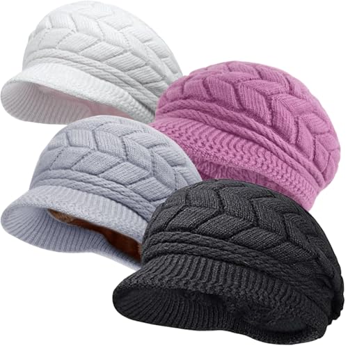 stablerice 4 Pack Womens Winter Beanie Hats Thick Warm Knit Hat with Visor Brim Wool Snow Ski Caps Chunky Soft Slouchy Cap - color: Black, Grey, Purple, White