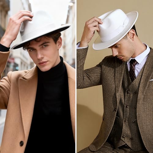 BABEYOND 1920s Fedora Hat for Men Gatsby Wide Brim Hat Felt Panama Cap - color: Bl/White-wh