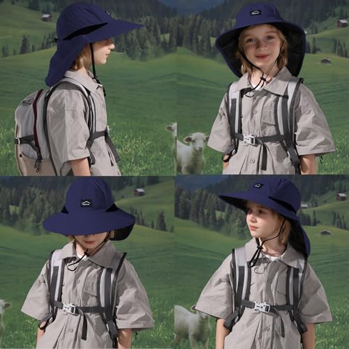 ZOORON Kids Sun Hat with Neck Flap Beach Fishing Bucket for Boys Girls - color: Navy Blue