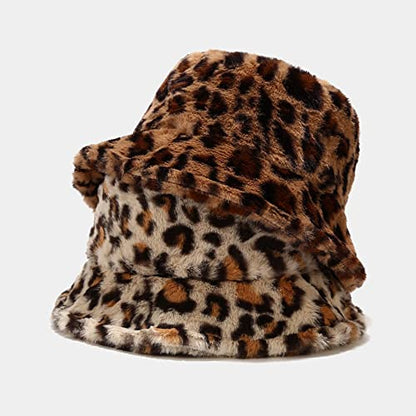 Dirholl Women's Winter Faux Fur Fuzzy Warm Bucket Hat - color: Small Leopard Beige