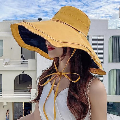 HUAMULAN Women Summer Vacation Wide Brim Sun Hat Reversible Fishing Hats - color: Yellowblack