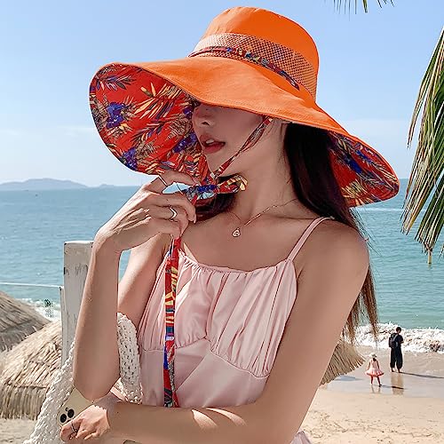 6" Extra Wide Brim Sun Hats UPF 50+ UV Protection Packable Beach Hat Strap Women - color: Orange