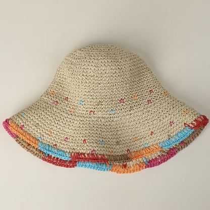 Women Straw Sun Hat Summer Beach Hats Foldable Floppy Cap Wide Brim Bucket Hat Solid Handmade Sun Protection Caps - color: Colorful-beige