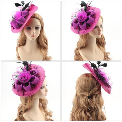 DRESHOW Fascinators Hat Flower Mesh Feathers Hat with a Headband and a Clip 7.9" Tea Party Headwear for Women - color: Folded Style 2: Deep Pink & Black / 7.9"