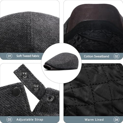meioro Mens Wool Blend Tweed Newsboy Flat Cap Gatsby Irish Cabbie Ivy Cap Adjustable Newsboy Hat Warm Fleece Winter Hats - color: Grey