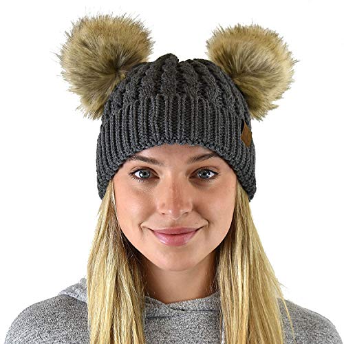 C.C 2 Ear Pom Pom Cable Knit Soft Stretch Cuff Skully Beanie Hat - color: Faux Fur Dark Melange Gray