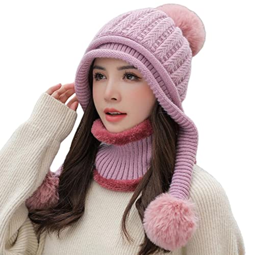 HUAMULAN Women Winter Knit Beanie Hat Circle Scarf Set Pompoms Ear Flaps - color: Mauve Pink