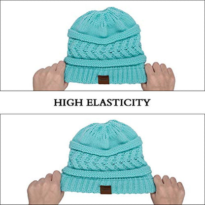 Rosoz 2 Pack Ponytail Beanie for Women,Winter Warm Beanie Tail Soft Stretch Cable Knit Messy High Bun Hat - color: 2pack-black/Lake Blue