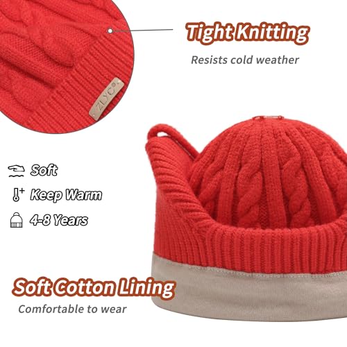 ZLYC Kids Girls Boy Winter Hat Cotton Lined Pom Pom Beanie Earflap Knit Cap - color: Solid Red