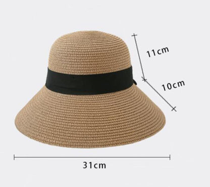Summer Beach Sun Straw Hats for Women Wide Brim Packable Travel Bucket Hats UPF 50+ - color: Beige Cream, With Black Band