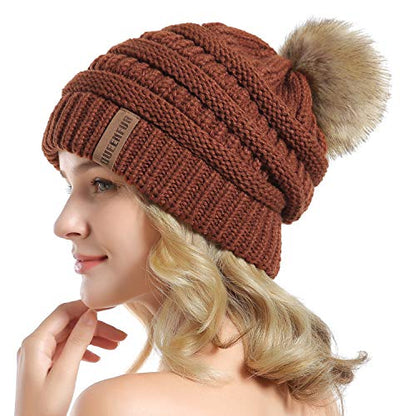Women Knit Slouchy Beanie Chunky Baggy Hat with Faux Fur Pompom Winter Soft Warm Ski Cap - color: D7-rust
