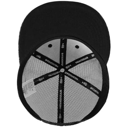 BASSDASH Flat Brim Trucker Cap Adjustable Snapback Hat Mesh Back for Men Women - color: Black Geometry