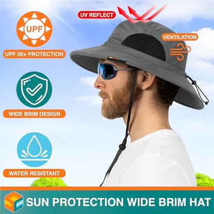 SUN CUBE Wide Brim Sun Hat for Men & Women, UPF 50+ UV Protection, Mesh Boonie Hat with Chin Strap, Fishing Hiking Hat - color: Grey