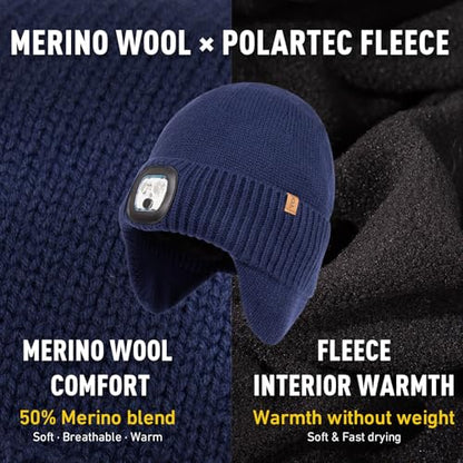TOP-EX DryKnit™ Waterproof 50% Merino Wool LED Beanie Hat with Ear Flaps - color: Blue, size: Medium-Large