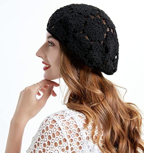 ZLYC Women Cotton Slouchy Crochet Beret Handmade Cutout Floral Beanie Hat - color: Floral Black