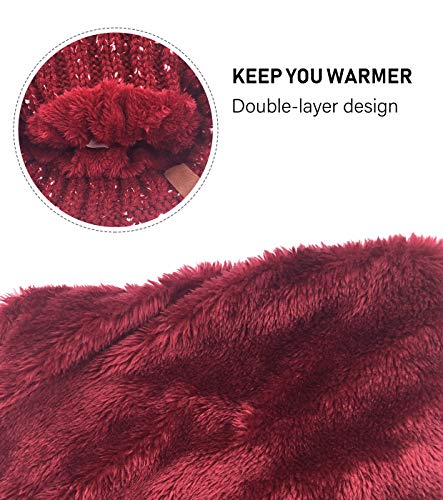 IYEBRAO Womens Winter Knit Beanie Hat and Scarf Set Girls Cute Slouchy Thick Fleece Lined Ski Hat Warm Skull Cap with Pom - color: Wine Red