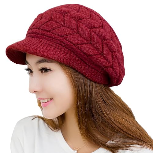 Loritta Womens Winter Beanie Hats, Thick Warm Beanie with Visor Brim - color: Wine Red