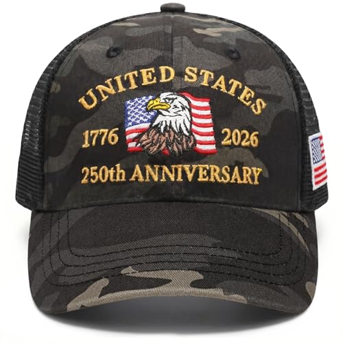 250th Anniversary USA Hat, Camouflage Mesh 250th Trucker Hat for Men Women - color: 02.250th-grey Camouflage