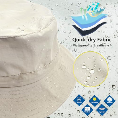 woogwin Waterproof Bucket Rain Hat with Chin Strap Quick Dry Packable Boonie Sun Hat Safari Hat UV Protection - color: Beige
