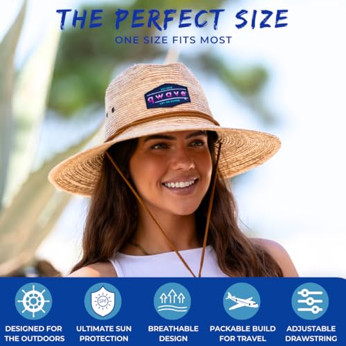 Qwave Packable Stone-Washed Straw Lifeguard Hat for Men and Women - Beach Straw Hat Protects from Summer Sun - color: American Flag Surfboard