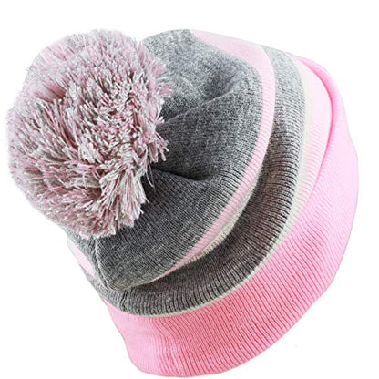 Winter Knit Beanie Hat with Pom Pom – Warm Cuffed Slouch Ski Cap for Men & Women - color: 1.pink and Grey With Pom