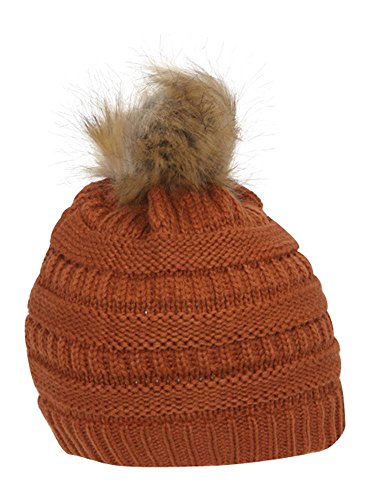 Gravity Threads Cable Knit Faux Fur Pom Pom Beanie Hat - color: Rust