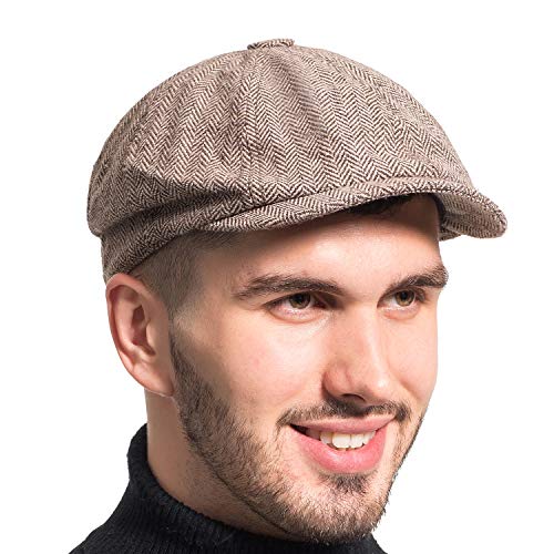 Gatsby Newsboy Hat Men Women Classic Herringbone 8 Panel Trendy Tweeb Flat Cap - color: B Brown