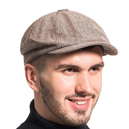 Gatsby Newsboy Hat Men Women Classic Herringbone 8 Panel Trendy Tweeb Flat Cap - color: B Brown