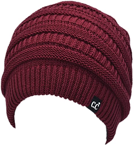 C.C Beanie Oversized Hat with Fuzzy Lining – Thick Knit Thermal Beanie for Cold Weather, Soft Warm Fleece Lined Cap - color: Burgundy