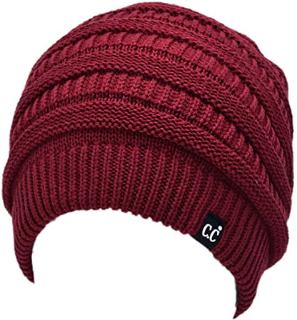 C.C Beanie Oversized Hat with Fuzzy Lining – Thick Knit Thermal Beanie for Cold Weather, Soft Warm Fleece Lined Cap - color: Burgundy