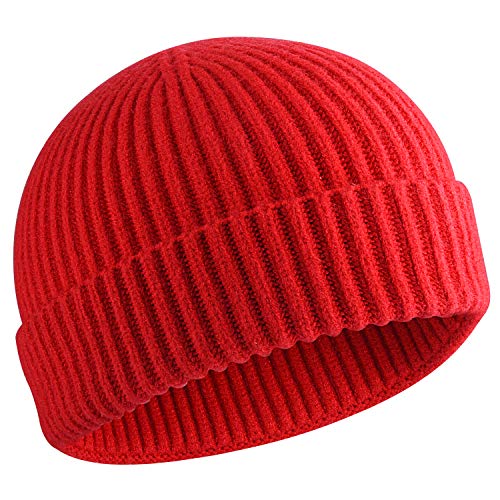 50% Wool Knit Short Fisherman Beanie for Men Women Warm Winter Hat - color: #Red
