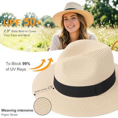 DRESHOW Women Straw Panama Hat Travel Fedora Beach Sun Hat Summer Wide Brim Straw Roll up Hats UPF 50+ - color: Fedora a Beige